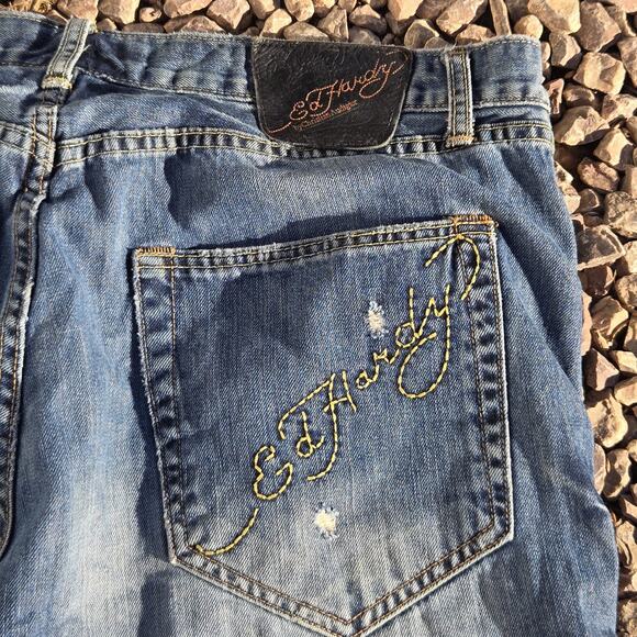 Authentic Y2k Ed Hardy by Christian Audigier Baggy Jeans Mens 38"x32" Wide Leg - Picture 1 of 14